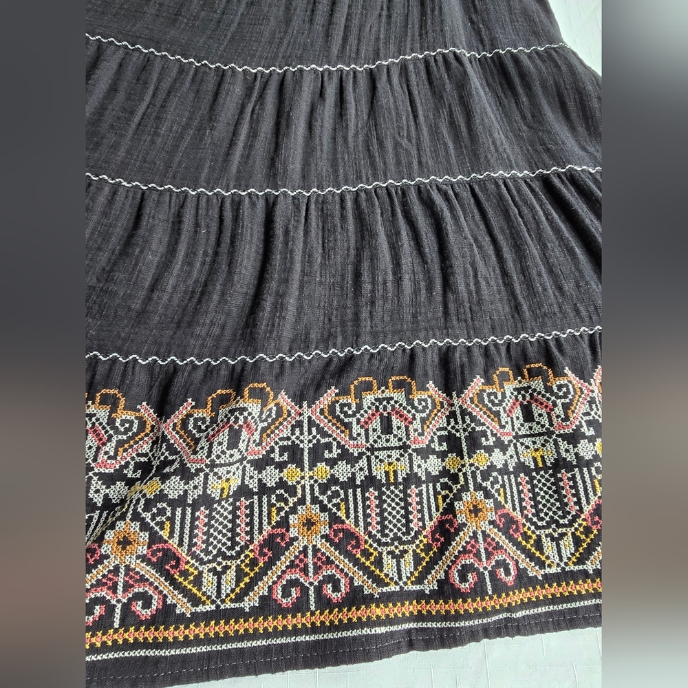 Max Studio Black Midi Dress with White Embroidery Boho Beach Coastal - Picture 5 of 8